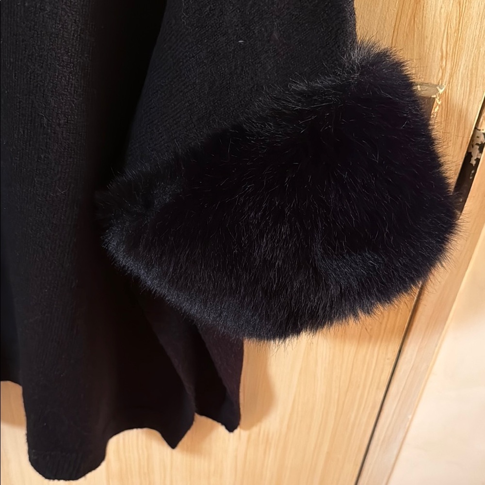 Chic Black Poncho Sweater with Faux Fur Cuffs - Picture 2 of 6